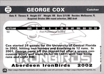2002 Grandstand Aberdeen IronBirds #NNO George Cox Back