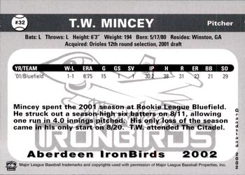 2002 Grandstand Aberdeen IronBirds #NNO T.W. Mincey Back
