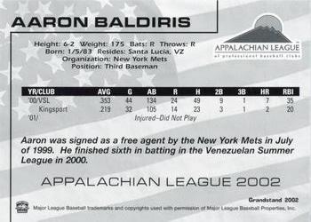 2002 Grandstand Appalachian League Top Prospects #NNO Aarom Baldiris Back