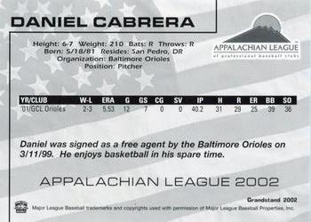 2002 Grandstand Appalachian League Top Prospects #NNO Daniel Cabrera Back