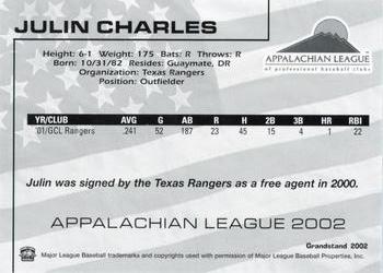 2002 Grandstand Appalachian League Top Prospects #NNO Julin Charles Back