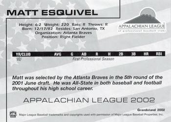 2002 Grandstand Appalachian League Top Prospects #NNO Matt Esquivel Back