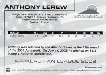 2002 Grandstand Appalachian League Top Prospects #NNO Anthony Lerew Back