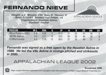 2002 Grandstand Appalachian League Top Prospects #NNO Fernando Nieve Back