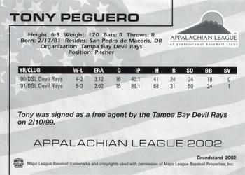 2002 Grandstand Appalachian League Top Prospects #NNO Tony Peguero Back