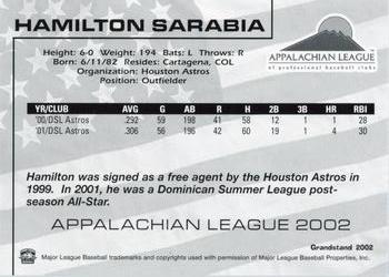 2002 Grandstand Appalachian League Top Prospects #NNO Hamilton Sarabia Back