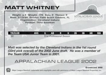 2002 Grandstand Appalachian League Top Prospects #NNO Matt Whitney Back