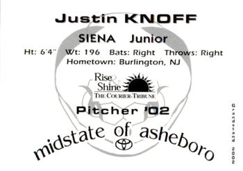 2002 Grandstand Asheboro Copperheads #NNO Justin Knoff Back