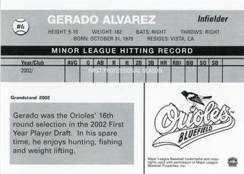 2002 Grandstand Bluefield Orioles #NNO Gerardo Alvarez Back
