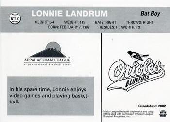 2002 Grandstand Bluefield Orioles #NNO Lonnie Landrum Back