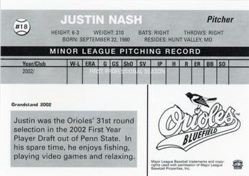 2002 Grandstand Bluefield Orioles #NNO Justin Nash Back