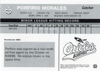 2002 Grandstand Bluefield Orioles #NNO Porfirio Morales Back