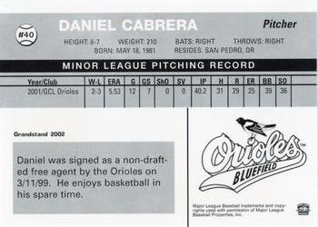 2002 Grandstand Bluefield Orioles #NNO Daniel Cabrera Back