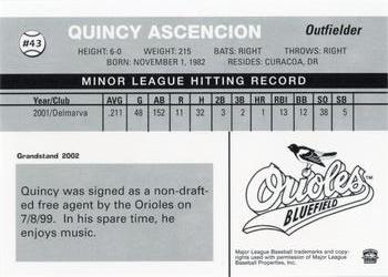 2002 Grandstand Bluefield Orioles #NNO Quincy Ascencion Back