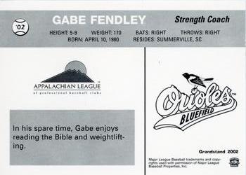2002 Grandstand Bluefield Orioles #NNO Gabe Fendley Back