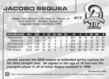 2002 Grandstand Bowie Baysox #NNO Jacobo Sequea Back