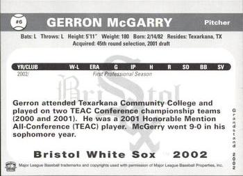 2002 Grandstand Bristol White Sox #6 Gerron McGary Back