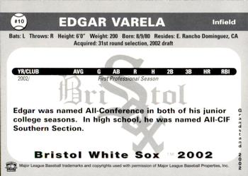 2002 Grandstand Bristol White Sox #10 Edgar Varela Back