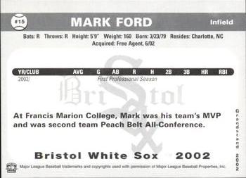 2002 Grandstand Bristol White Sox #15 Mark Ford Back