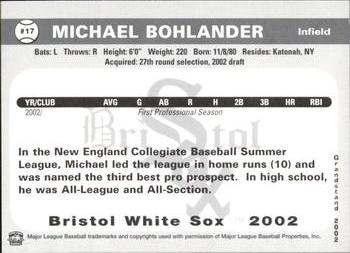 2002 Grandstand Bristol White Sox #17 Michael Bohlander Back