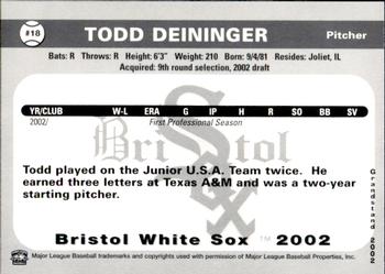 2002 Grandstand Bristol White Sox #18 Todd Deininger Back
