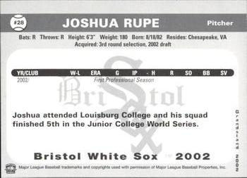 2002 Grandstand Bristol White Sox #28 Joshua Rupe Back