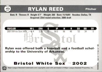 2002 Grandstand Bristol White Sox #52 Rylan Reed Back