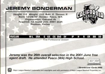 2002 Grandstand California League Top Prospects #NNO Jeremy Bonderman Back