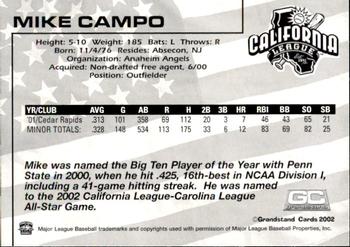 2002 Grandstand California League Top Prospects #NNO Mike Campo Back