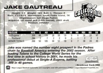 2002 Grandstand California League Top Prospects #NNO Jake Gautreau Back