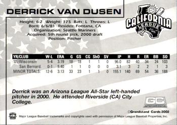 2002 Grandstand California League Top Prospects #NNO Derrick Van Dusen Back