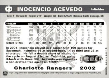 2002 Grandstand Charlotte Rangers #NNO Inocencio Acevedo Back