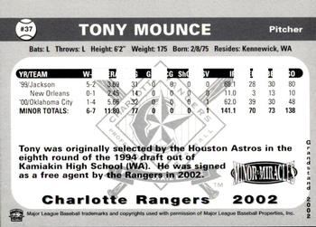2002 Grandstand Charlotte Rangers #NNO Tony Mounce Back