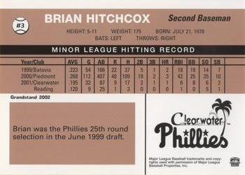 2002 Grandstand Clearwater Phillies #3 Brian Hitchcox Back