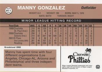 2002 Grandstand Clearwater Phillies #11 Manny Gonzalez Back