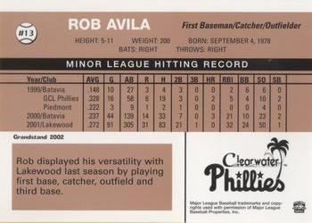 2002 Grandstand Clearwater Phillies #13 Rob Avila Back