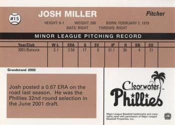 2002 Grandstand Clearwater Phillies #15 Josh Miller Back