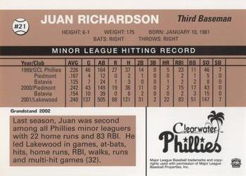 2002 Grandstand Clearwater Phillies #21 Juan Richardson Back