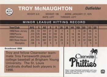 2002 Grandstand Clearwater Phillies #29 Troy McNaughton Back
