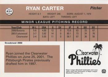 2002 Grandstand Clearwater Phillies #34 Ryan Carter Back