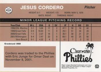 2002 Grandstand Clearwater Phillies #38 Jesus Cordero Back