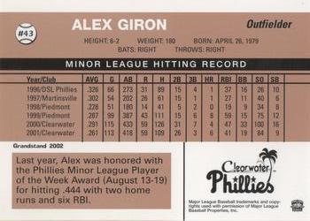 2002 Grandstand Clearwater Phillies #43 Alex Giron Back
