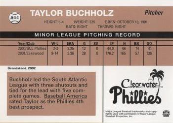 2002 Grandstand Clearwater Phillies #44 Taylor Buchholz Back