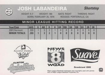 2002 Grandstand Clinton LumberKings #NNO Josh Labandeira Back