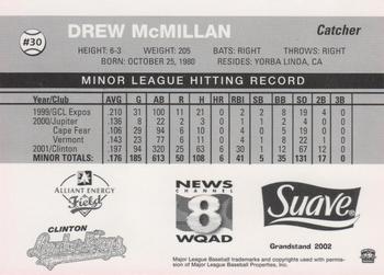 2002 Grandstand Clinton LumberKings #NNO Drew McMillan Back