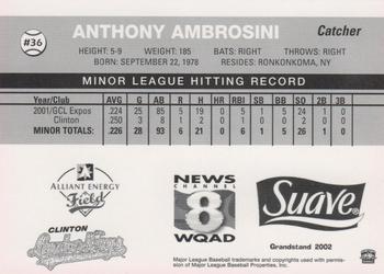 2002 Grandstand Clinton LumberKings #NNO Anthony Ambrosini Back