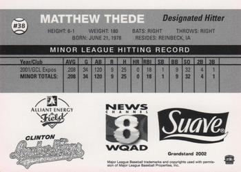 2002 Grandstand Clinton LumberKings #NNO Matthew Thede Back