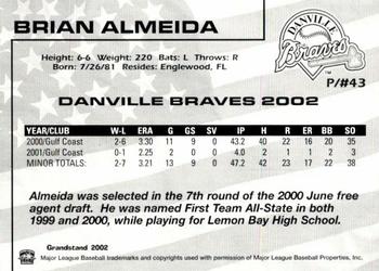 2002 Grandstand Danville Braves #NNO Brian Almeida Back