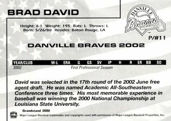 2002 Grandstand Danville Braves #NNO Brad David Back