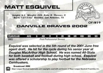 2002 Grandstand Danville Braves #NNO Matt Esquivel Back